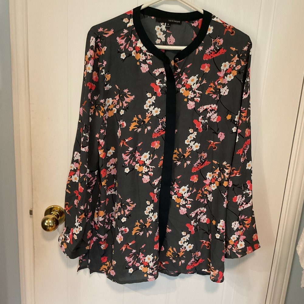 Harvé Benard Blouse Women XL Gray Excellent Floral Roll Tab Sleeve HBW179